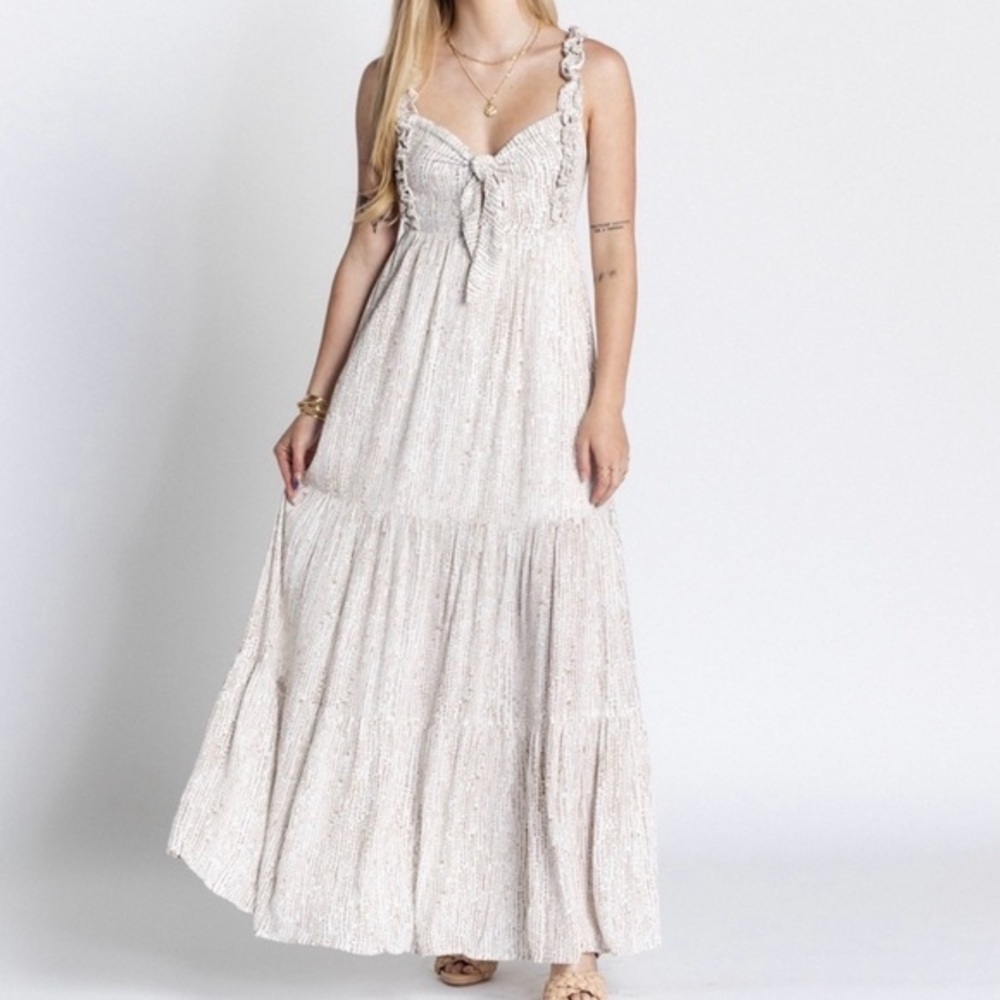 Endless Blu. Boho whimsy cottagecore smocked back. Brown and cream maxi dress.